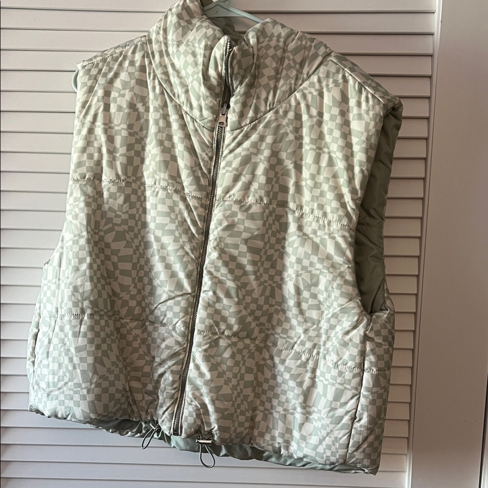 Light Green and Cream Reversible Checkered Puffer Vest
